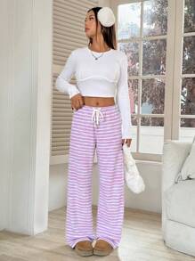 Muchica 女士粉色条纹针织阔腿裤 - 粉色 - 查看 5