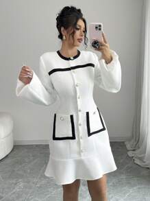 Elenzga 复古优雅办公室女士通勤连衣裙 - 白色 - 查看 1