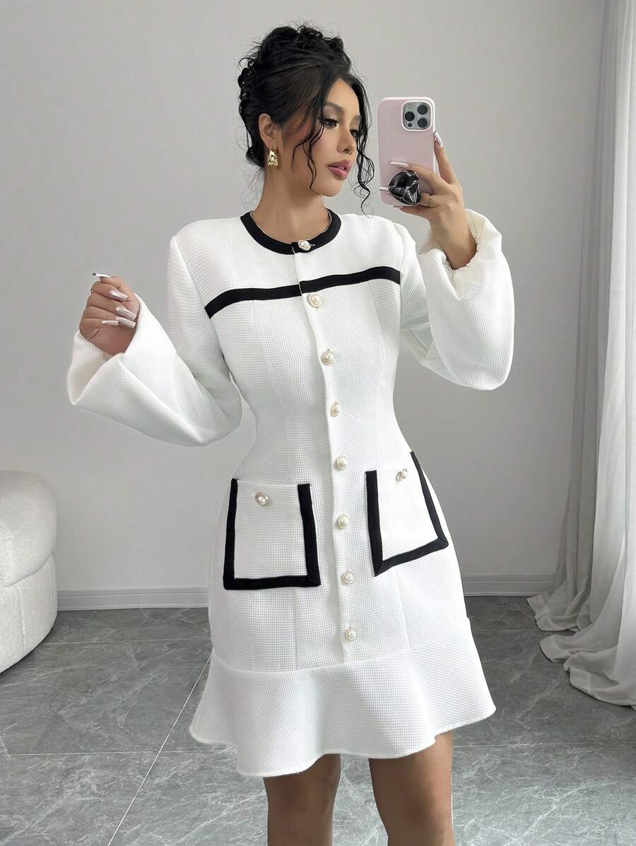 Elenzga 复古优雅办公室女士通勤连衣裙 - 白色 - 查看 1