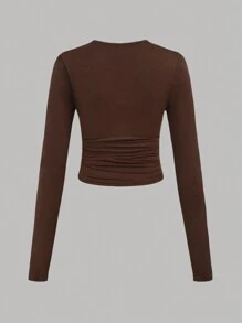 SHEIN Girlism Teen Girl Buy 1 Get 3 Free 4pcs/Set /Black White Gray Brown/Knit Solid Color Round Neck Ruched Long Sleeve T-Shirt