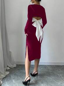 Elenzga 1pc Women's Black Velvet Long Sleeve Square Neck Backbow Tie-Up Slit Dress For New Year Holiday Party Clothes Burgundy Maxi Women Outfit - Burgundy - View 3