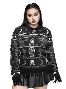 ROMWE Goth Plus Size Women Gothic Spider & Bat Pattern Loose Knit Sweater, Christmas, For Winter
