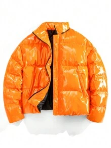 Manfinity RebelGame 男士亮面纯色宽松长袖连帽休闲夹克，冬季外出泡泡袖外套，时尚冬装外套，适合朋友、丈夫、男朋友的礼物 - 橘色 - 查看 7