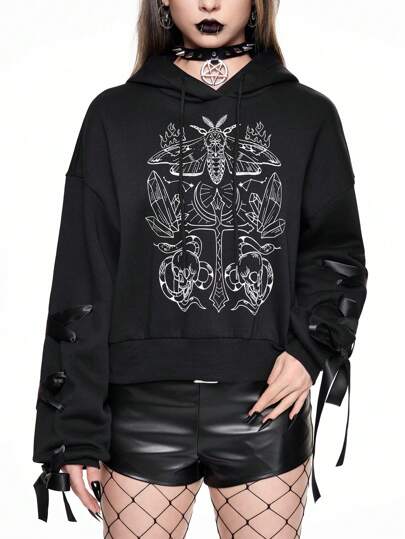 Goth Sweatshirt à capuche croisé avec cordon de serrage, imprimé insecte et crâne, style décontracté pour femmes, automne/hiver