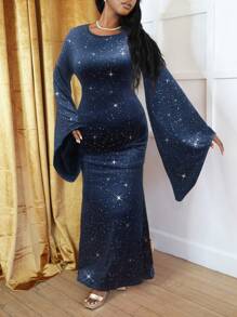 Zolique Women Elegant Solid Color Back Cowl Neck Maxi Trumpet Sleeve Fishtail Hem Fitted Long Dress, Homecoming Dress,Sexy Red Dress,Christmas Party Dress,Christmas Outfits,Christmas Clothes Fall Cloth For Women - Navy Blue - View 1