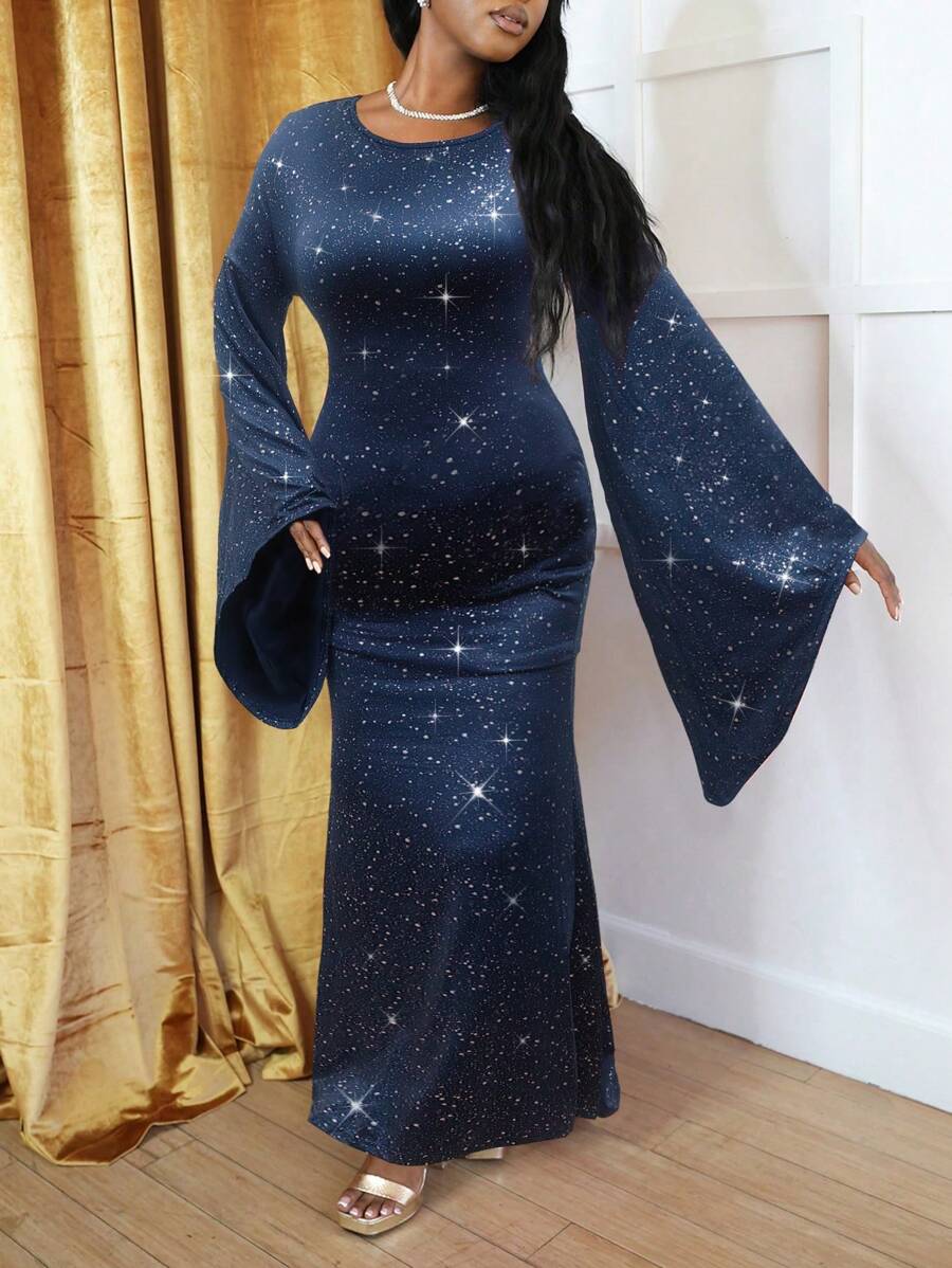 Zolique Women Elegant Solid Color Back Cowl Neck Maxi Trumpet Sleeve Fishtail Hem Fitted Long Dress, Homecoming Dress,Sexy Red Dress,Christmas Party Dress,Christmas Outfits,Christmas Clothes Fall Cloth For Women - Navy Blue - View 1