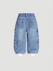 SHEIN Playful Pals Baby Girl Fashion Asymmetrical Waist Multiple Pockets Design Loose Fit Straight Leg Washed Denim Jeans - Medium Wash - View 2