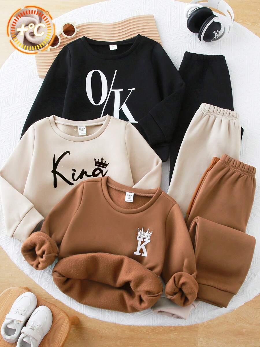 SHEIN Leap Crew 6 件装年轻男孩休闲学院风图案印花保暖内衬运动衫和裤子套装，舒适通勤、上学、日常休闲装，适合生日派对、晚会、婚礼、洗礼、返校，适合日常穿着、旅行、运动、秋冬 - 棕色 - 查看 1