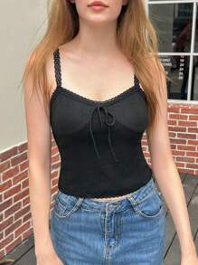 Jouncy Áo ba lỗ buộc dây phía trước màu trơn dành cho nữ, thường ngày có gân - màu đen - Xem 6