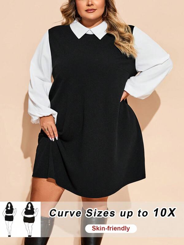 SHEIN CURVE+ Vestido de manga larga de bloque de color talla grande para mujeres, otoño