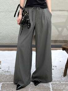 DAZY Women's Striped Cinched Waist Decor Wide Leg Pants