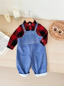 SHEIN Baby Boy 2pcs/Set Casual Daily Raglan Red Plaid Shirt & Denim Effect Suspender Pants Two-Piece Set, Suitable For Autumn/Winter Wear, Indoor And Outdoor