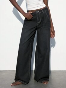 SHEIN Maija Quần Jeans Ống Rộng Lưng Thấp Thường Ngày Cho Nữ - Rửa tối - Xem 1