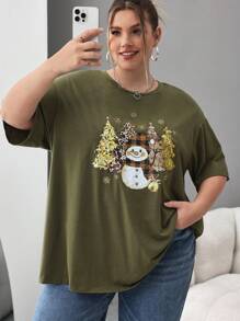 SHEIN CURVE+ Plus Size Christmas T-Shirt With Christmas Tree And Snowman Print, For Autumn/Winter