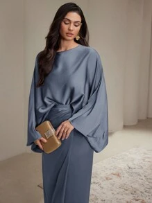 Veilorie 女士纯色圆领裹身不对称下摆上衣和开衩裙套装，优雅两件套，端庄得体 - 霧霾藍 - 查看 6