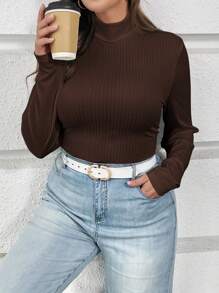 SHEIN Essnce Quần áo thu cỡ lớn, trang phục khoét rỗng cho nữ, trang phục lễ tạ ơn, thời trang thu mới, thường ngày, đi làm, thanh lịch, áo phông cổ cao, tay dài, áo phông trắng, áo dài tay, áo đi chơi - màu nâu - Xem 4