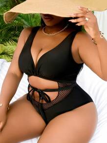 SHEIN Slayr CURVE Plus Size Black Sexy Mesh Splice Hollow One-Piece Swimsuit Summer