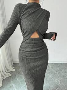 Elenzga 女士时尚优雅漏斗领交叉裹身镂空紧身连衣裙长款女装 - 灰色 - 查看 6