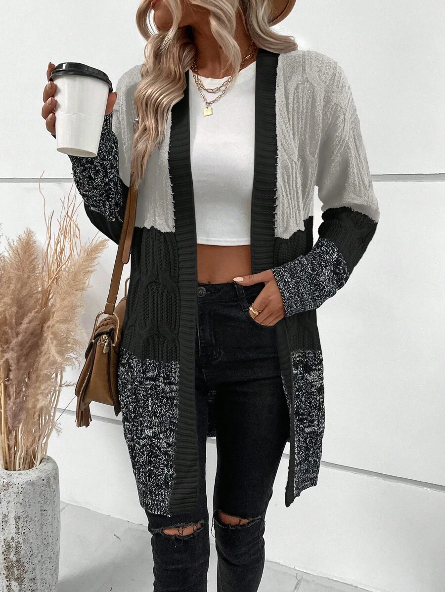 SHEIN LUNE Casual Loose Drop Shoulder Twist Rope Cardigans Open Front Long Sleeve Sweater For Women - Multicolor - View 1