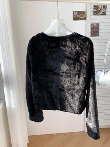 Muchica Women's Autumn/Winter Black Fluffy Contrast Pink Ribbon Bowknot Fitted Fluffy Jacket - Black - View 2