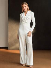 MOTF PREMIUM 尖领撞色亮片细节前缝连体裤 - 白色 - 查看 6