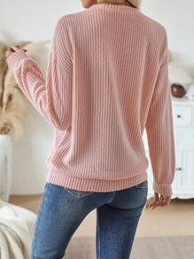 SHEIN LUNE 1 pièce Pull ras-du-cou femme de couleur unie à manches longues, style minimaliste, décontracté pour un port quotidien - Rose bonbon - Voir 2
