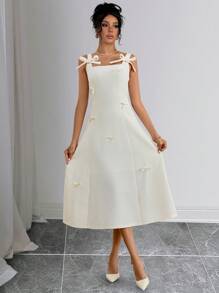 SHEIN Unity 2024 New Design Flare Bowknot Strap Dress - Apricot - View 5