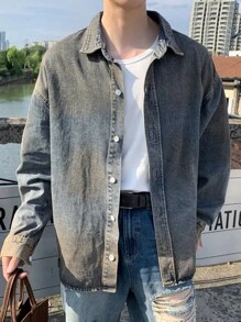 Manfinity Hypemode Men's Washed Navy Loose Fit Drop Shoulder Distressed Designer Button Up Long Sleeve Denim Shirt, For Party, Friends