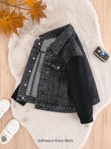 Cozy Pixies 年轻男孩时尚休闲黑色牛仔翻领拼接黑色针织长袖夹克男童服装日常装和秋冬儿童服装