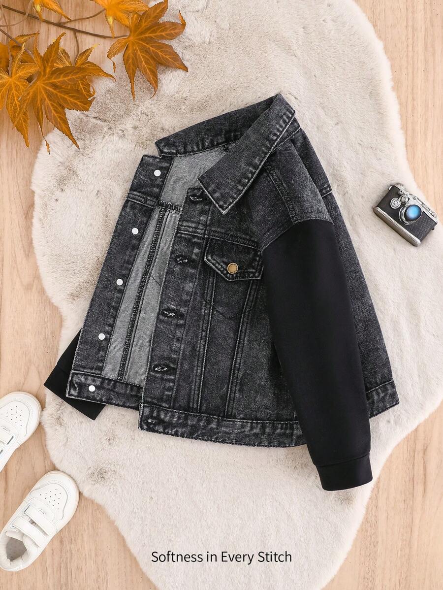 Cozy Pixies 年轻男孩时尚休闲黑色牛仔翻领拼接黑色针织长袖夹克男童服装日常装和秋冬儿童服装