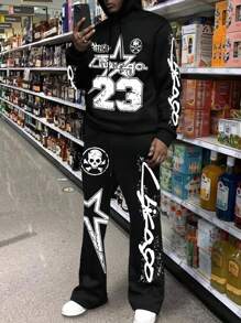 Manfinity EMRG 2pcs/Set Men's Autumn Letter & Pentagram Print Long Sleeve Drawstring Hoodie Sweatshirt And Sweatpants Casual Outfit