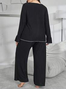 Lazeform 1set Soft Solid Color Ribbed Trim Bow Decor Loungewear Set