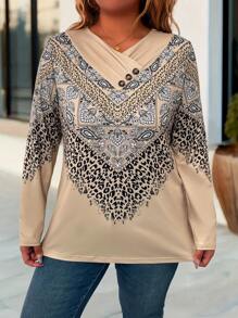 SHEIN LUNE Damen Große Größen Weihnachts Strick Muster Lässig Langarm T-Shirt, Herbst/Winter