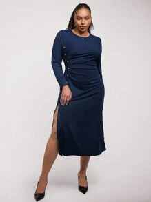 SHEIN Clasi Plus Size Elegant Sapphire Blue Embellished Button High Slit Long Dress