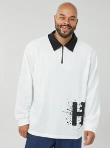 Mainfolk Plus Size Men's Black & White Long Sleeve Knit Polo Shirt - White - View 2