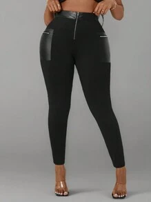 Maweii Plus Size Women Solid Color High Waisted Contrast Color Faux Leather Leggings - Black - View 1