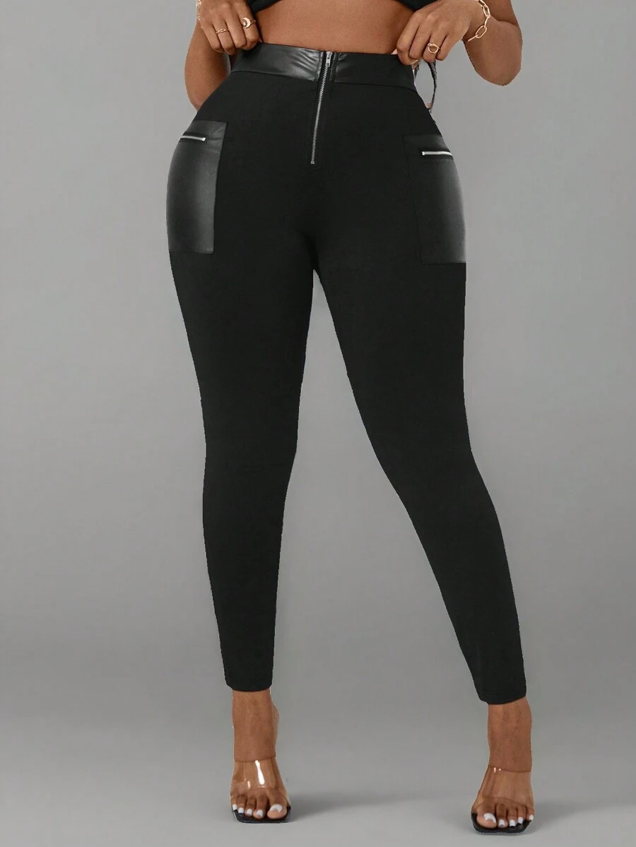 Maweii Plus Size Women Solid Color High Waisted Contrast Color Faux Leather Leggings - Black - View 1