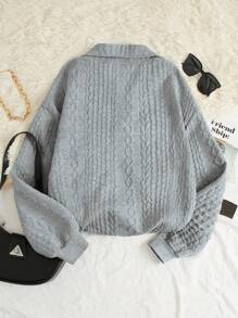 SHEIN Unity 女士休闲基本款纹理面料 V 领运动衫，带金属标志，适合秋冬季