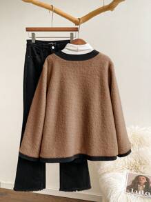 CosyJoli Plus Size Women Apricot Color Block Faux Shearling Jacket, New Autumn/Winter - Khaki - View 2