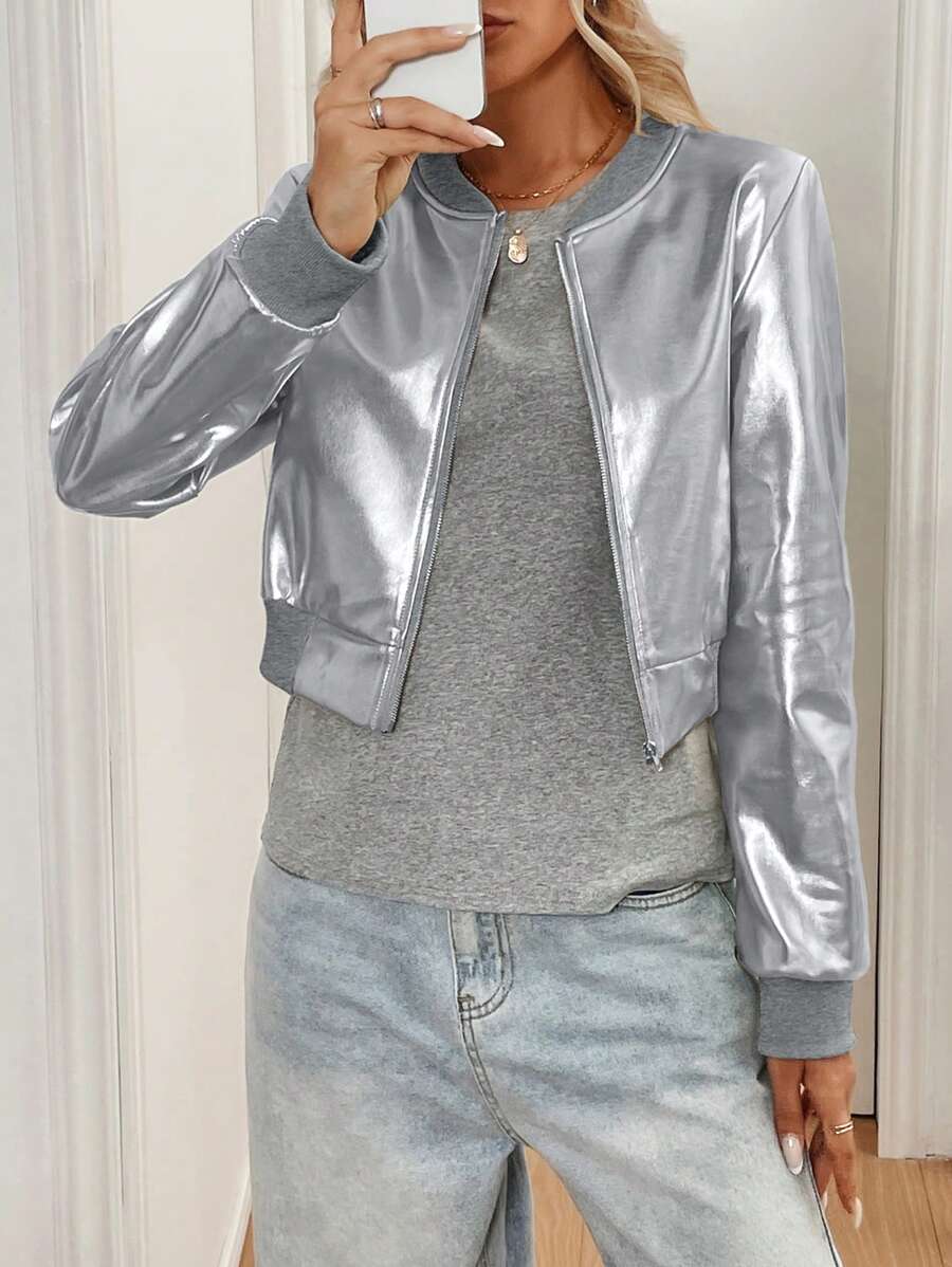 Chiquease Áo khoác ngắn có khóa kéo kim loại màu trơn cơ bản, mặc thường ngày - Bạc - Xem 1