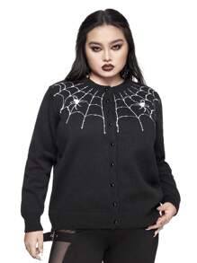 ROMWE Goth 哥特式蜘蛛网刺绣大码女式针织开衫，秋冬款 - 黑色 - 查看 2