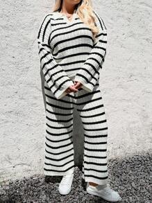 INAWLY 2pcs/Set Plus Size Striped Polo Collar Sweater Top & Pants Casual Knit Suit Fall Cloth For Women - Black and White - View 3