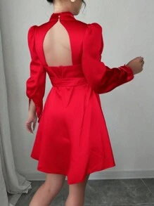 SHEIN Clasi Abito elegante snellente in vita, con dettagli traforati, di stile alla moda per donne, ideale per feste di Capodanno e abbigliamento da donna in raso - Rosso - Visualizzare 7