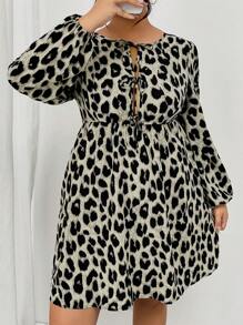 SHEIN Frenchy Plus Size Bowknot Strap Leopard Print Dress, Women Fall - Grey - View 4