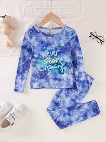 2pcs Young Boys Gradient Text Print Casual Snug Fit Pajama Set: Long Sleeve T-Shirt And Long Pants - Multicolor - View 1