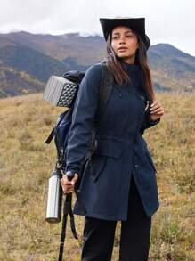 In My Nature Women's Outdoor Hooded Mid-Length Composite Sherpa Windbreaker Jacket, Water-Resistant, Cinched Waist, For Camping, Hiking, Commuting