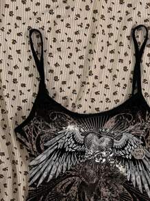 SHEIN Vintage Heart And Wings Graphic Casual Tight Camisole Tank Top For Teen Girls, Summer Wear