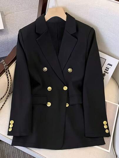 Women Double-Breasted Mid-Length Blazer Jacket