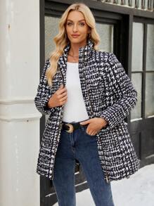 EMERY ROSE Manteau matelassé à col roulé, imprimé à carreaux en faux tweed pour femmes, pour l'automne/l'hiver - Noir et Blanc - Voir 4