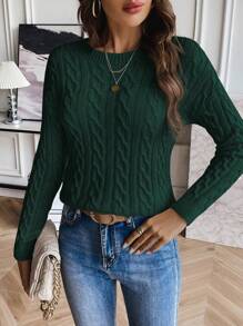 SHEIN PETITE Solid Color Round Neck Cable Knit Casual Pullover Sweater Knit Pullover Fall Winter - Dark Green - View 1